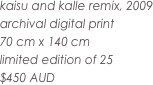 kaisu and kalle remix, 2009
archival digital print
70 cm x 140 cm
limited edition of 25
$450 AUD